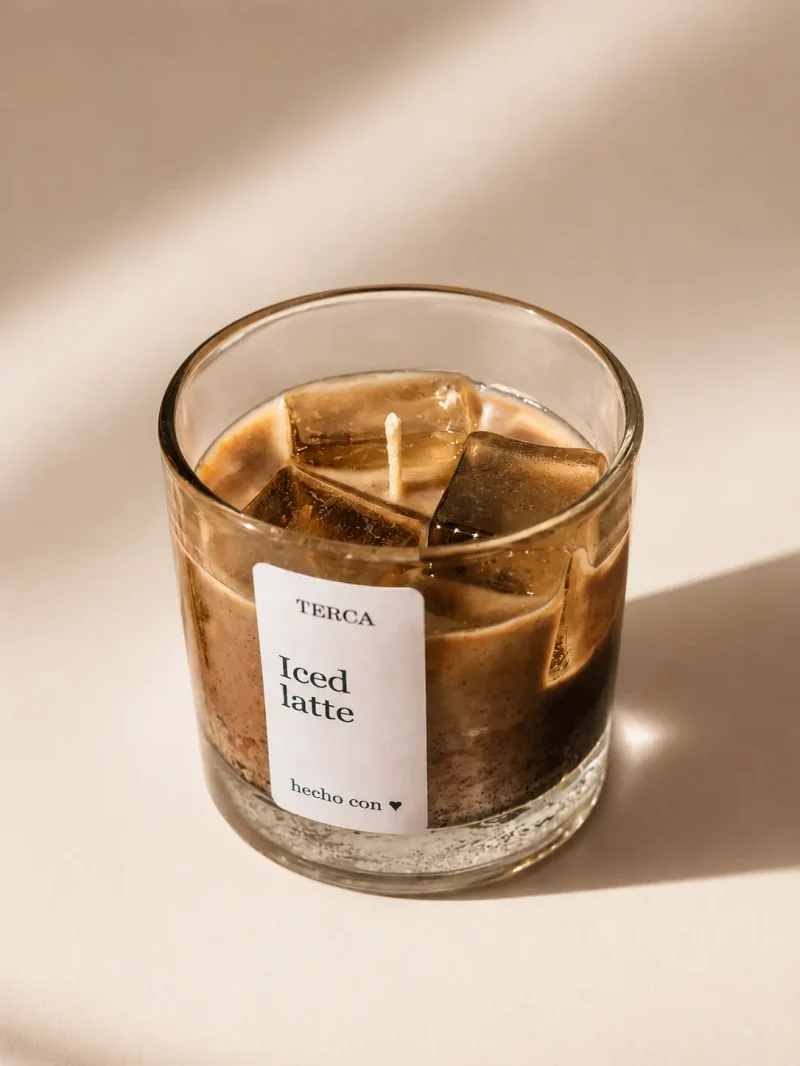 Vela TERCA Iced Latte: vaso de vidrio con cera ámbar y cubos de cera translúcida imitando hielo