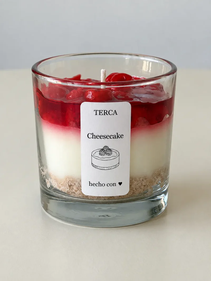 Vela TERCA Cheesecake: base de cera tipo galleta, capa de crema y cobertura roja de frutos rojos