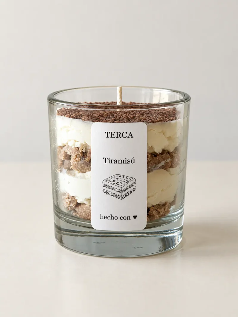 Vela TERCA Tiramisú: capas de cera color bizcocho y crema, con cacao rallado en la superficie